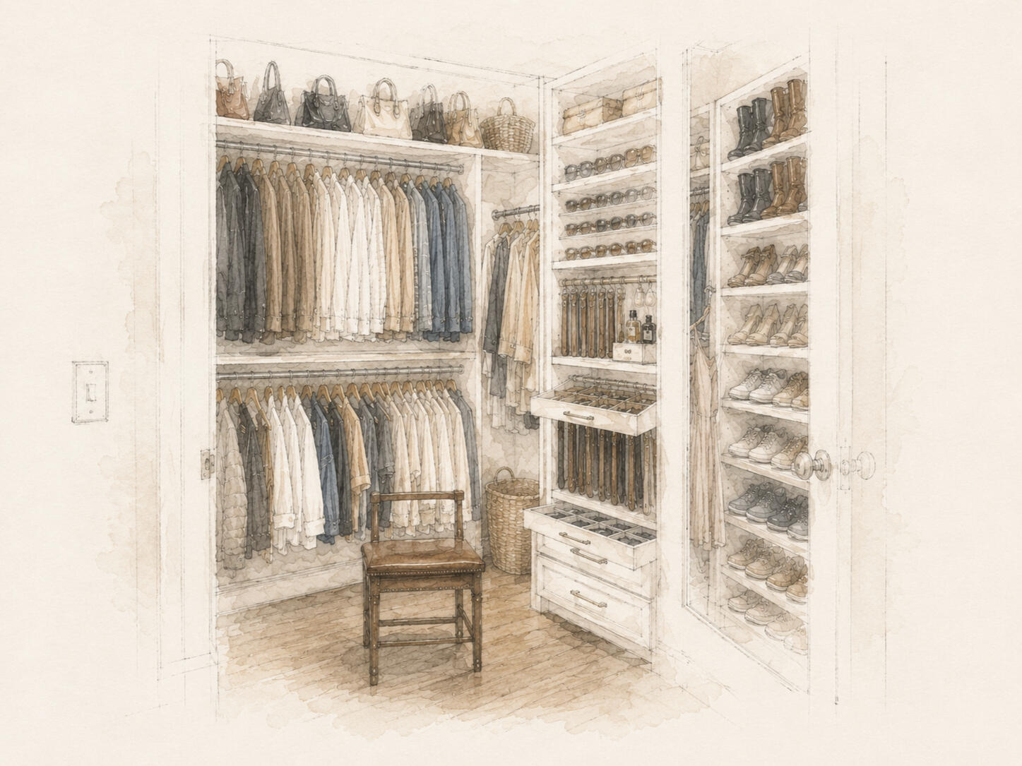 Watercolor illustration of an organized walk-in closet with clothing and built-in storage