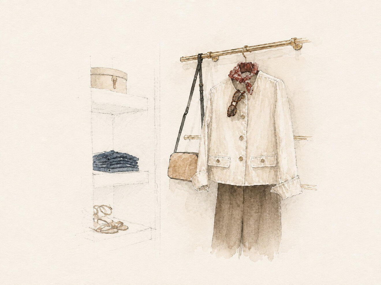 Watercolor illustration of a curated wardrobe with clothing, shoes, and accessories