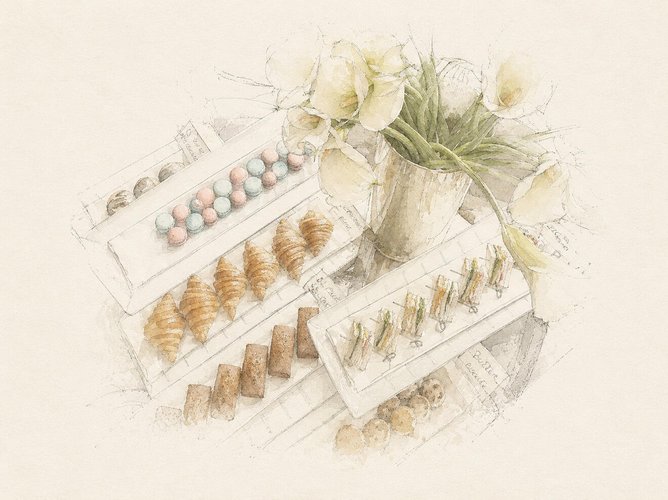 Watercolor illustration of prepared hors d'oeuvres, serving trays, and flowers for entertaining at home
