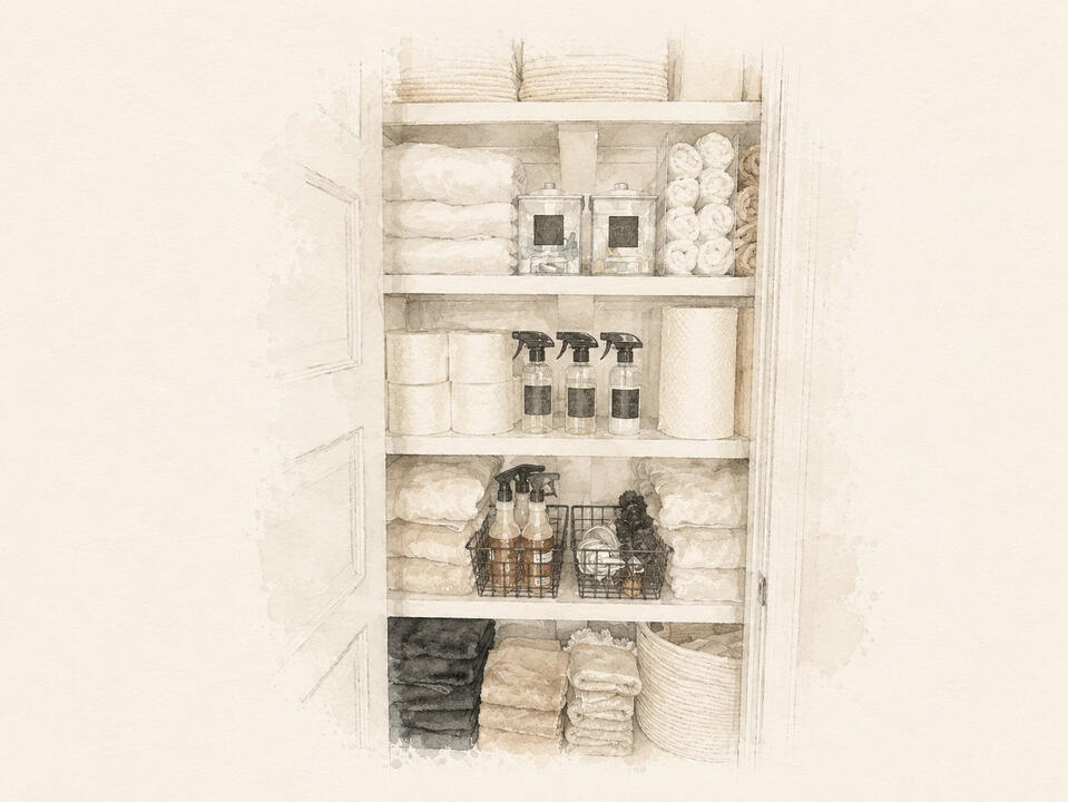 Watercolor illustration of organized storage shelves with neatly arranged household items