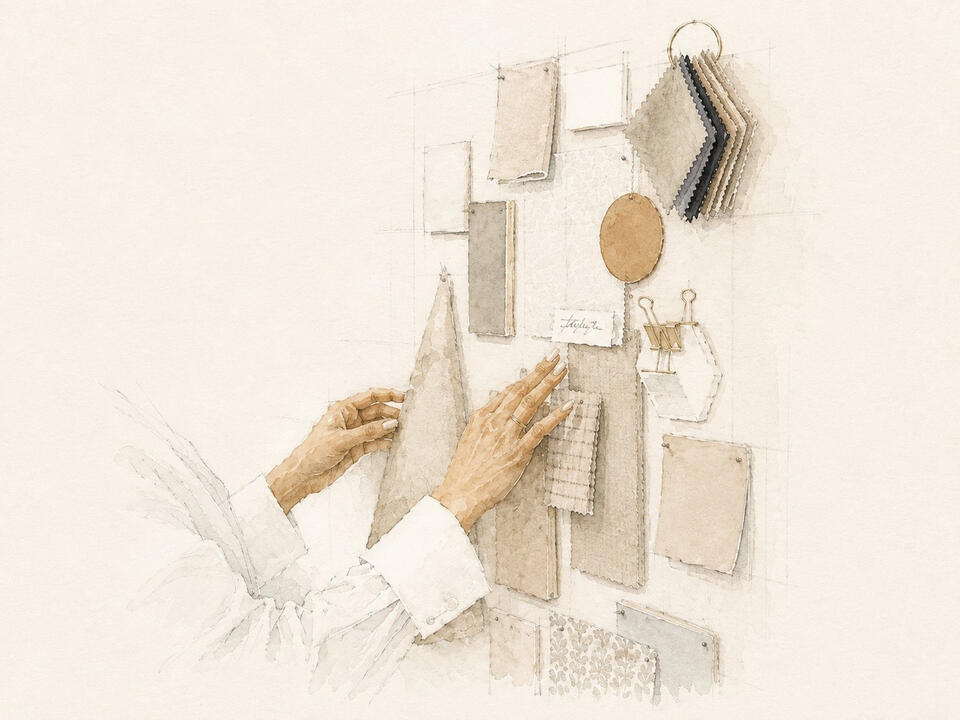 Watercolor illustration of interior design materials, samples, and planning notes