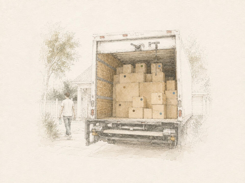 Watercolor illustration of packed moving boxes in an open vehicle