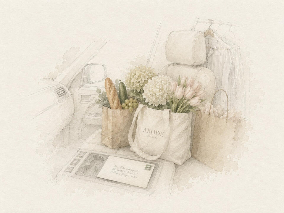 Watercolor illustration of household errands, packages, flowers, and home essentials