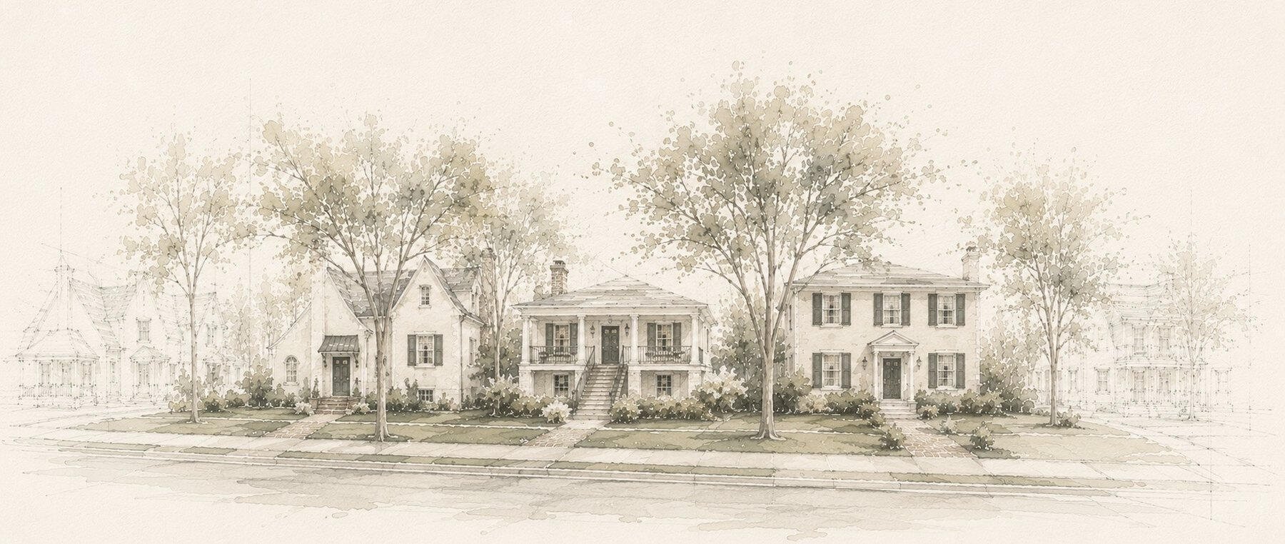 Watercolor illustration of homes in Buckhead, Atlanta, Georgia