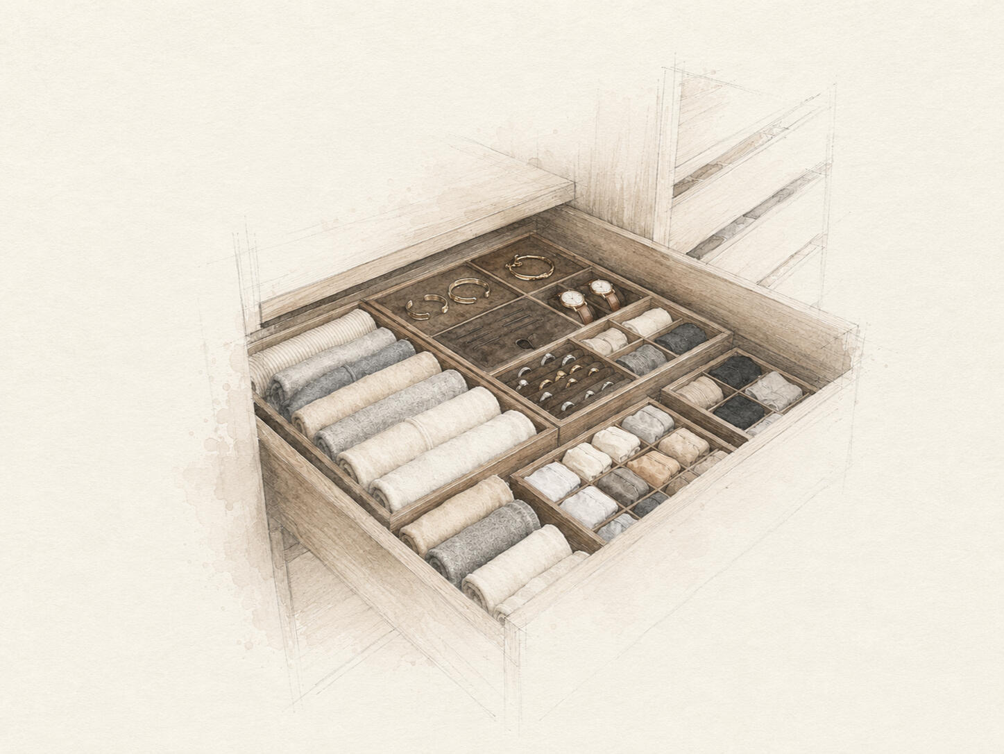 Watercolor illustration of an organized drawer with custom dividers and storage compartments
