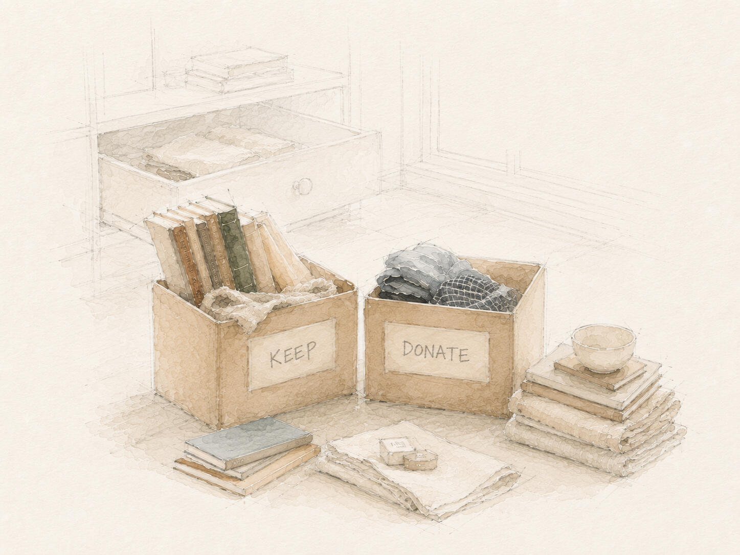 Watercolor illustration of boxes, books, papers, and household items being sorted and organized