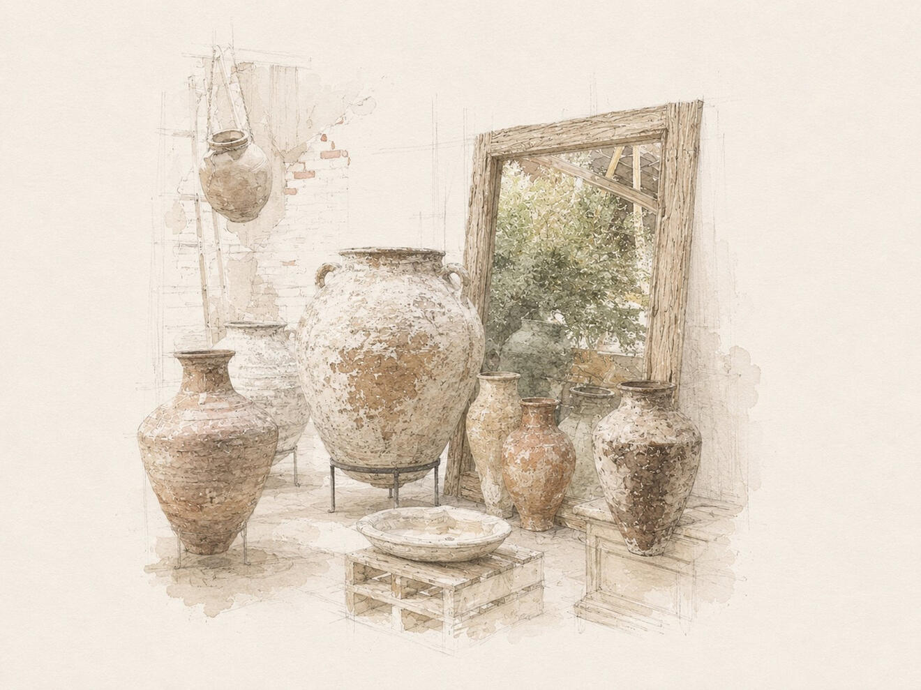 Watercolor illustration of decorative vessels, objects, and a mirror styled in a home