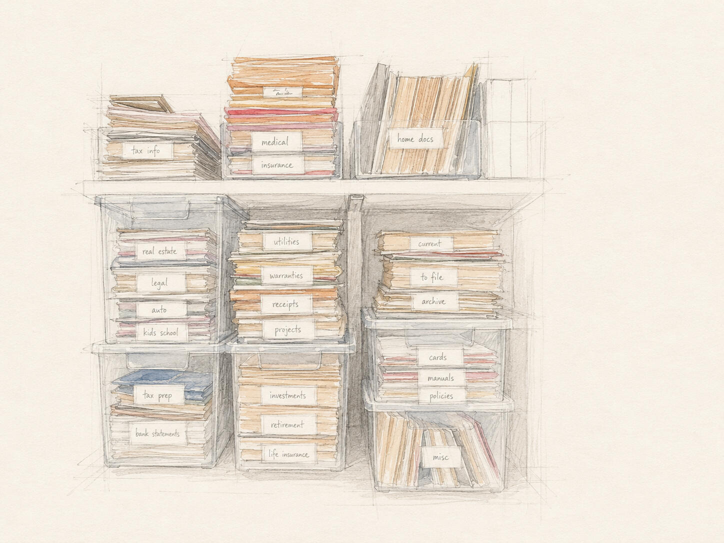 Watercolor illustration of organized papers, photographs, documents, and memorabilia in labeled storage