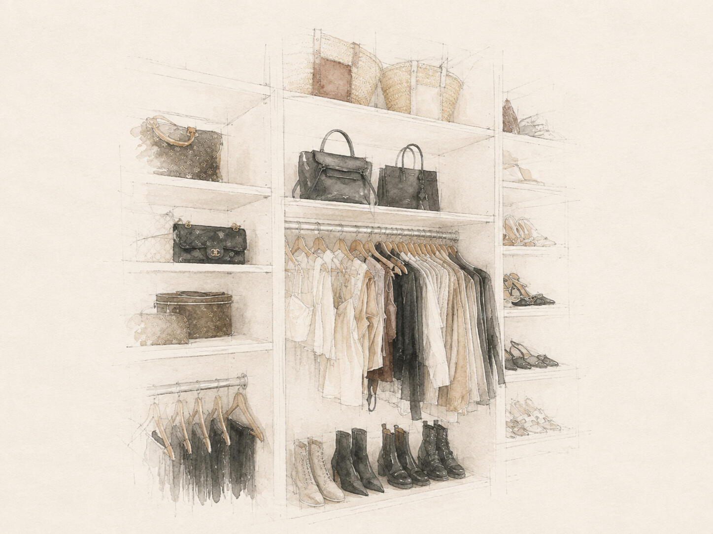 Watercolor illustration of an organized wardrobe with clothing, shoes, and accessories