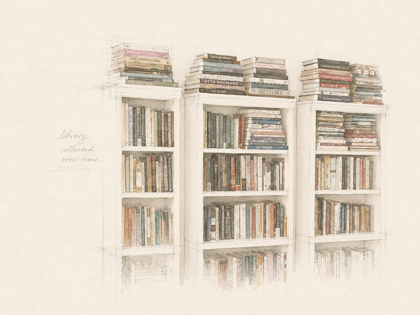 Watercolor illustration of organized shelving with books and household collections